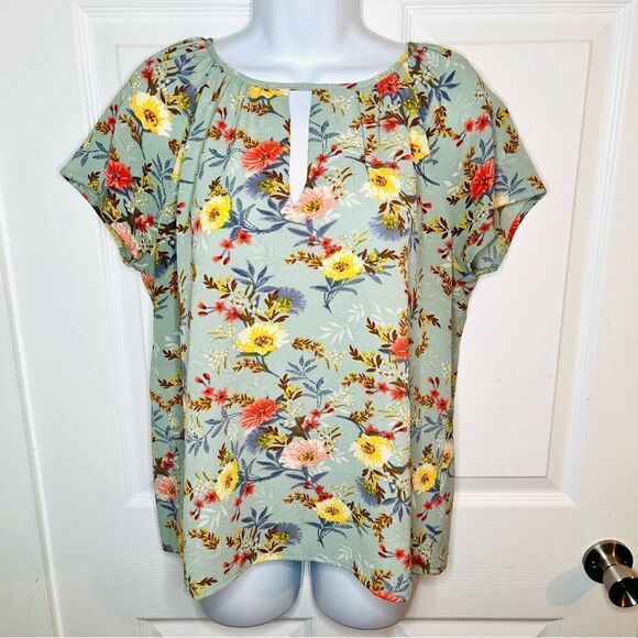Fun2Fun Floral Flutter Sleeve Cutout Back Blouse Muted Green Multicolor M - Picture 3 of 11